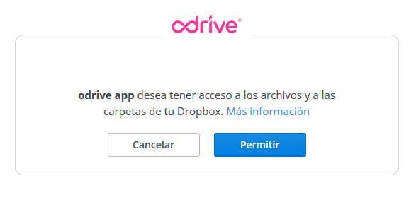 Odrive app desea tener acceso a los archivos y a las carpetas de tu Dropbox. Cancelar. Permitir.